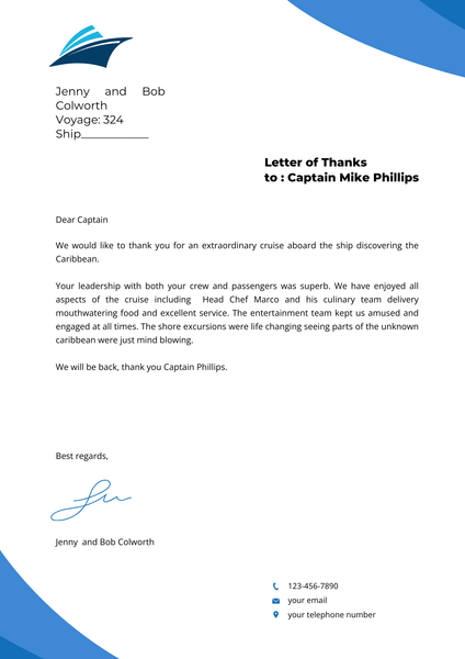 Cruise Captain's  bespoke thank you letter.